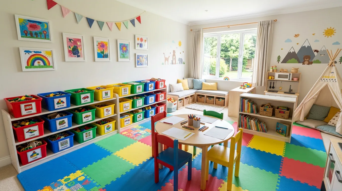 Fun playroom designed as a creative and organized kids play space.
